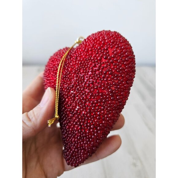 Beaded heart ornament Valentines red unique Xmas tree large - Picture 3 of 9